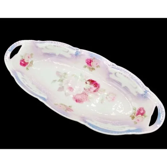 Lusterware Relish Tray Handles Rose Floral Porcelain Dish Vintage German 9.5" - Picture 3 of 15